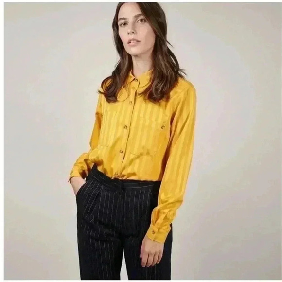 FRNCH women’s CHAFIANE STRIPED button down SHIRT yellow sz Small used no flaws - Picture 1 of 12